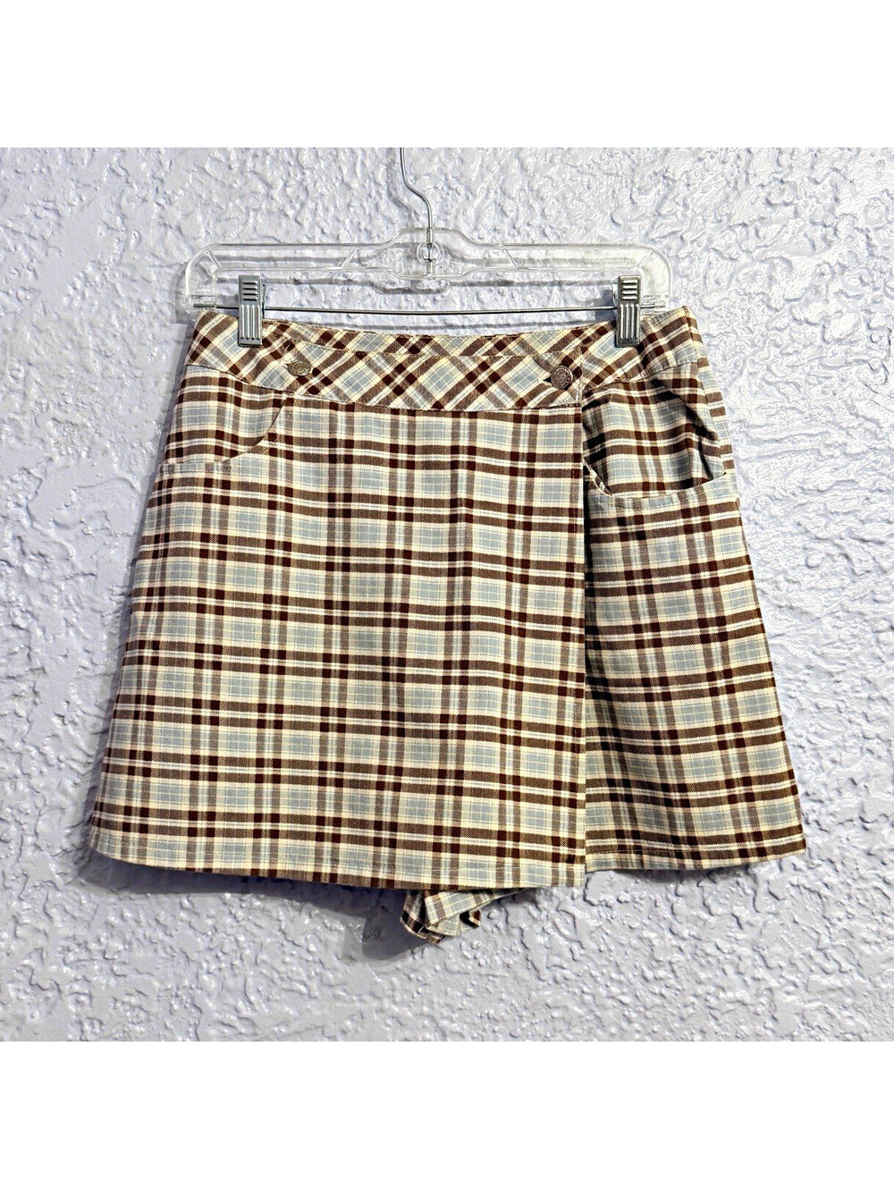 A. Byer Plaid Skort Juniors 11 Brown Blue White Short Zip Pockets Golf